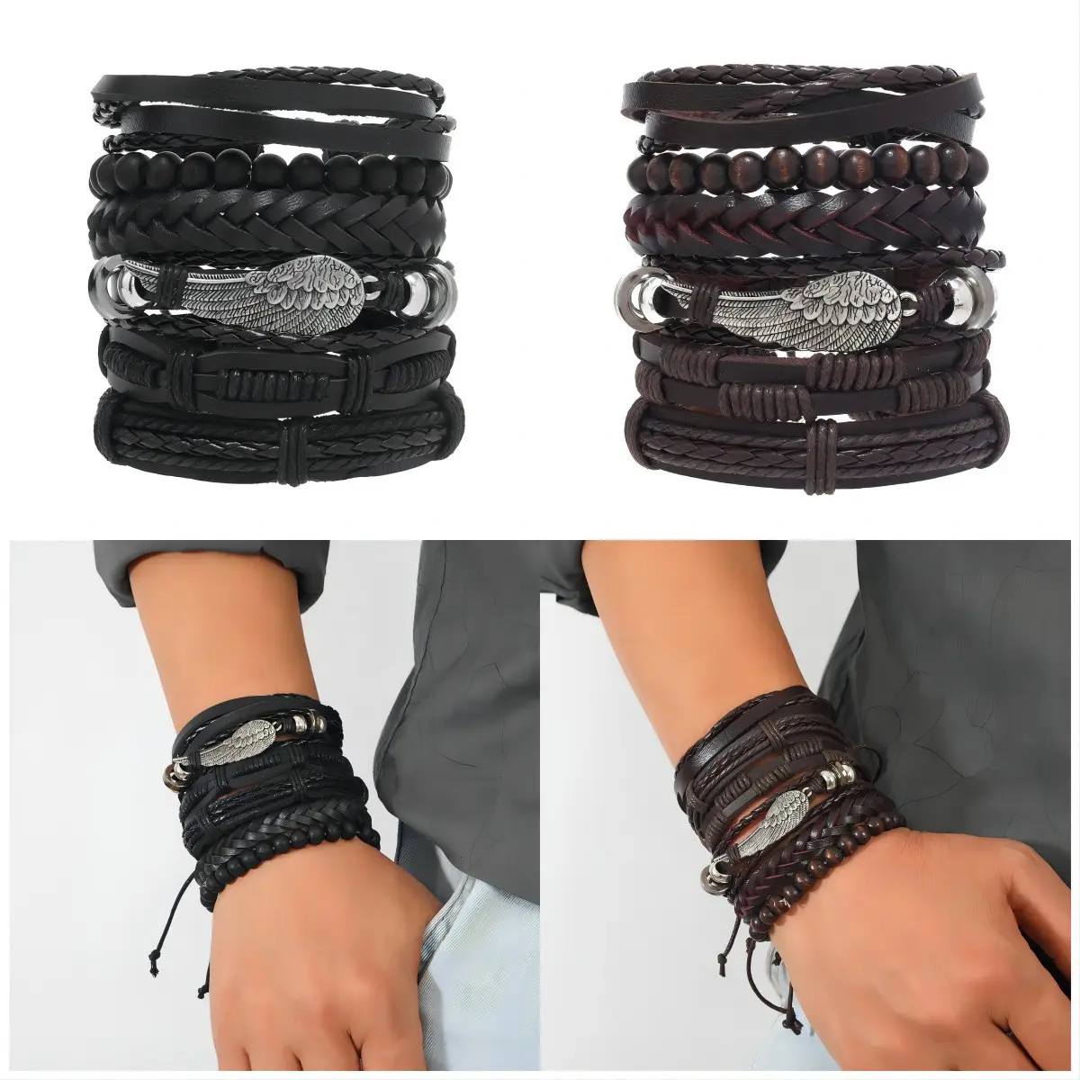 AS vente en gros de perles en bois tribal ethnique réglable tissé manchette tressé bracelets en cuir véritable pour hommes