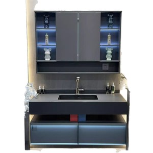 Lavabo Empotrado en Losa de Piedra, Mueble de Baño Plegable Inteligente Minimalista, Encimera de Madera Maciza Multicapa Gris - Product Image 5