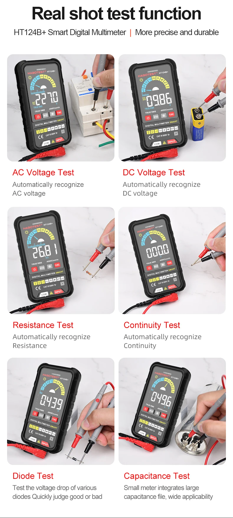 CE & RoHS HT124B+  Ture RMS 4000 counts color display with leather case NCV Auto range Smart digital multimeter