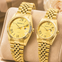 Montre de couple en quartz dorée, cadran simple à aiguilles, en acier inoxydable, montre tendance pour les amoureux, vente en gros, marque privée