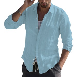 Camisa de Lino y Algodón de Lujo para Hombre, Estilo Retro con Cuello Alto, Cardigan Casual de Manga Larga, Transpirable y Antiencogimiento para Primavera - Product Image 2