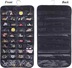 ที่เก็บเครื่องประดับแบบแขวนสองด้าน, ผ้าไม่ทอ 80 กรัม และช่องใส PVC, 40 ช่อง 36 ตะขอสำหรับสร้อยคอ, ต่างหู, กำไลข้อมือ - Product Image 1