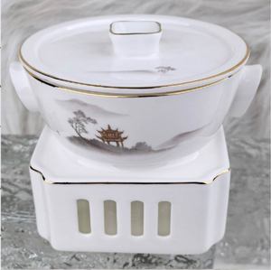 Service de vaisselle de luxe chinois, vaisselle en porcelaine avec décor paysage d'encre et pagode dorée, bordure dorée à la main, pour hôtel, banquet, mariage, maison. - Product Image 5