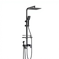 Ensemble de douche mural moderne en acier inoxydable noir mat avec pommeau de douche carré, douchette à main et barre coulissante avec étagère