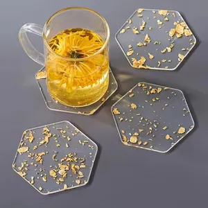 Venda superior casa coaster de acrílico dourado, costeiro redondo moderno com suporte