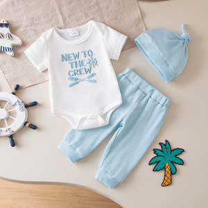 Nouvel ensemble de vêtements pour bébé unisexe en coton respirant à manches courtes, veste, chapeau et pantalon, pour l'été - Product Image 1