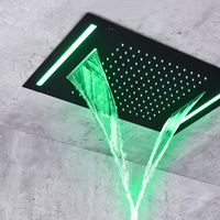 Douche de salle de bain rectangulaire noire mate avec LED intégrées, double bande lumineuse, effet cascade et pluie