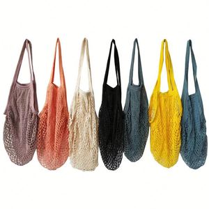Bolsa de malla de algodón reutilizable para frutas, verduras y productos de supermercado, con asa larga, muy vendida. - Product Image 3