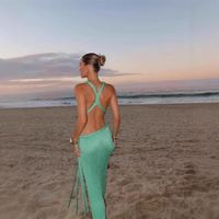 Robe de plage style européen et américain, coupe ajustée, sexy, dos nu, en tricot, à bretelles, pour l'été, vêtements pour femmes