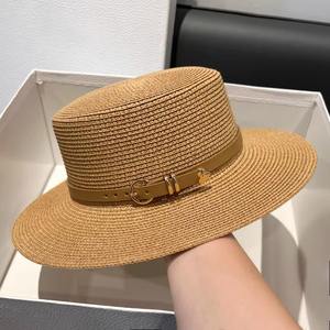 Sombrero de paja de <span class=keywords><strong>rafia</strong></span> de ala plana a rayas de estilo francés, nuevo cinturón, sombrero de copa, diamantes de imitación rojos, etiqueta R, protección solar, Unisex, venta al por mayor - Product Image 2