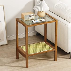 Japanese-style rattan <b>side</b> <b>table</b>, <b>glass</b> coffee <b>table</b>, bedside <b>table</b>, creative corner <b>table</b>, multi-functional custom shelf - Product Image 1