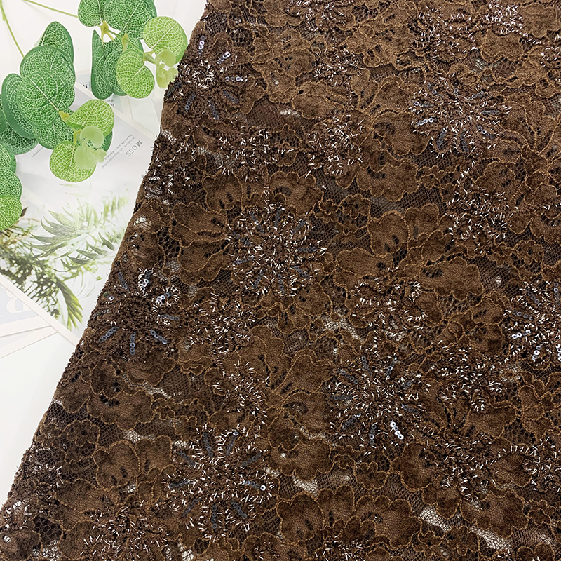 High End Luxury Brown French Guipure Tulle Hollow Mesh Sequin Floral Chenille Cord Embroidery Pattern for Evening Dress Garment