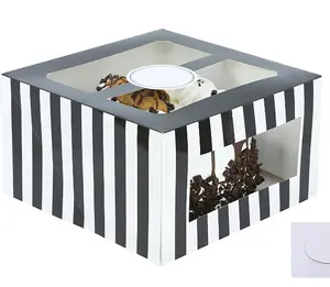 黑色光泽条纹纸板蛋糕盒，带有蛋糕板和窗户面板，用于婚礼，烘焙销售