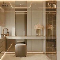 Dressing moderne de luxe avec îlot central et coiffeuse, vitrines en verre pour maisons haut de gamme à Sydney, Australie