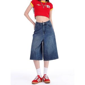 Pantalon court en jean <span class=keywords><strong>noir</strong></span> style américain pour <span class=keywords><strong>femme</strong></span>, coupe droite décontractée mi-longue, en polyester/coton délavé, grande taille, idéal pour l'été - Product Image 4