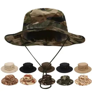 OEM Poliéster Ala Ancha Camo Cubo Sombrero Plegable Boonie Hombres Sombrero Protección Solar Safari Cubo Sombrero