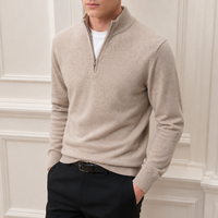 Pull tricoté personnalisé OEM pour homme, beige, col montant zippé, manches longues, couleur unie, chaud pour l'hiver, vente en gros