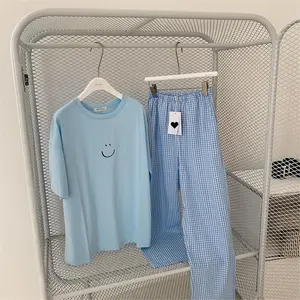 Korean Style 2023 Summer Smiley Face Korean Dongmen Short Long Plaid Casual Transparent Suit Pajamas Home Wear