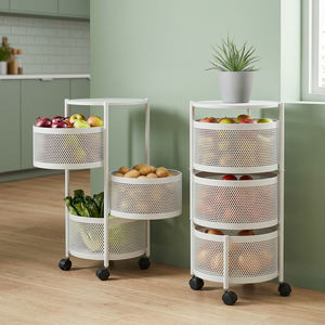 Étagère de rangement ronde en métal à 3 niveaux, organisateur de cuisine mobile avec roulettes pour le stockage des aliments, design minimaliste, blanc - Product Image 5