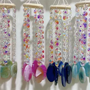 Natural Crystal Wind Chimes Gemstone Woven Net Leather Rope Agate Slice Sun Catcher