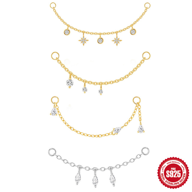 S925 Silver 18K Gold Plated Moissanite Earring Chain Connector CZ Dangle Tassel Chain for Hoop Cartilage Piercing Jewelry Lady
