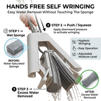 Serpillère pliable à éponge avec essorage mains libres et manche en acier pour la maison, la cuisine et la salle de bain