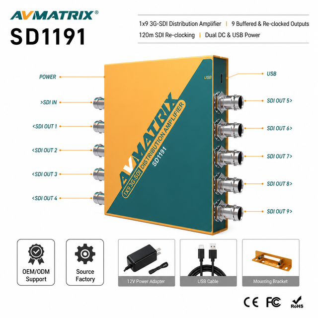 AVMATRIX SD1191 1x9 3G-SDI Reclocking Distribution Amplifier SDI Splitter ASI Support for Live Stream Broadcast OB Van Churc