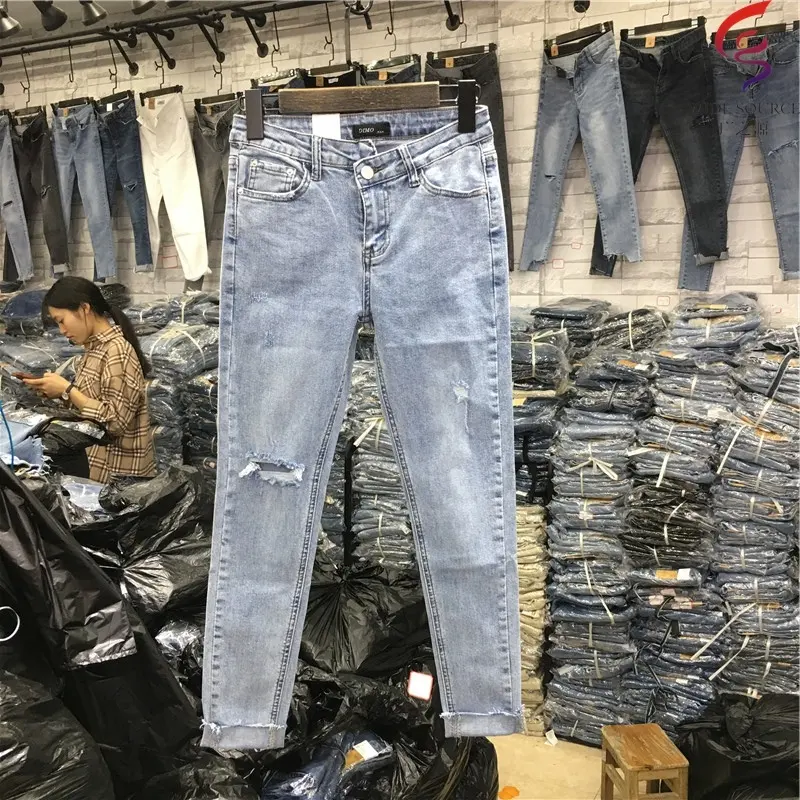 Pabrik Garmen Cina Celana Jeans Wanita Mode Terbaru Celana Skinny Jeans Stok Banyak