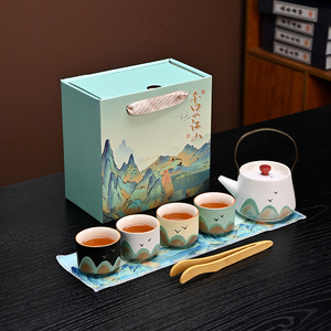 Service à thé en céramique peint à la main « Mille milles de rivières et de montagnes », coffret cadeau pour souvenir d'affaires, créatif et culturel - Product Image 3