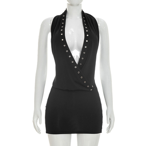 Viviblook D26ST168 Women Summer Skirt <b>Set</b> New <b>Sexy</b> Sleeveless Halter Swinging Collar Lace Up Tank Top Mini Bodycon Skirt Two Pie - Product Image 2