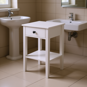 Table de rangement blanche sur pied avec tiroir pour salle de bain, mobilier moderne en bois - Product Image 2