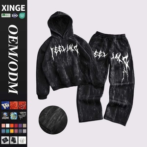 Conjunto de Sudadera con Capucha y Pantalones Deportivos Estilo Vintage Streetwear, Lavado Ácido, Efecto Desgastado por el Sol, Estampado Gótico Personalizado, Sudadera Oversize - Product Image 1
