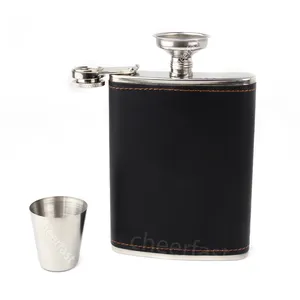 Whisky personalizzato liquore Flagon imbuto Set regalo acciaio inossidabile alcool viaggio pelle Pu nera 6 7 8oz bottiglia di vino pentola fiaschetta