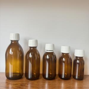 丸型経口咳止めガラス瓶100ml 200ml 250ml 300ml医薬品アンバー薬プラスチックアルミキャップ付き - Product Image 1
