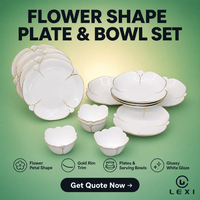 Service de table en porcelaine Lys 18 pièces, assiettes en forme de pétale, avec bordure dorée laiteuse, bols à dessert et à soupe pour dîner, déjeuner, stand LEXI