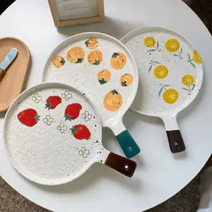 Solhui-platos de cerámica para pizza, redondos, pintados a mano, 9 pulgadas, con mango