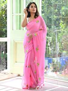 Sarees de Algodón Khadi de la Mejor Calidad con Bordado de Barra de Color y Borlas (Con Blusa), para Oficina/Uso Diario y Fiestas - Product Image 1
