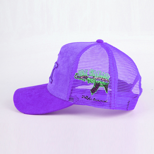 Casquette de camionneur en daim et maille brodée de haute qualité en gros, casquettes de camionneur à 5 panneaux avec logo personnalisé - Product Image 3