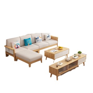Sofá en forma de L de madera maciza con almacenamiento, color madera natural, para sala de estar, uso doméstico. - Product Image 5