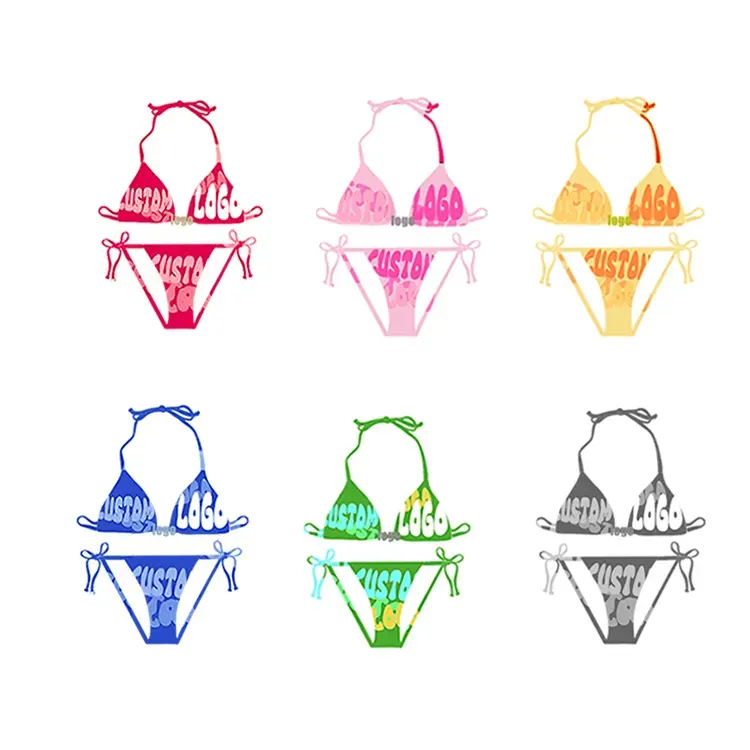 2024 фабричные новые атласные Трусики-бикини с полным принтом и логотипом, Индивидуальный Женский комплект бикини с цветочным дизайном