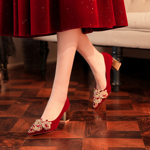 <b>Red</b> Wedding Shoes Women Heeled Sandals Chunky <b>Heel</b> Pointed Toe Rhinestone Decorated Elegant Slip-On Comfort Mid <b>Heel</b> 6555H-007 - Product Image 3