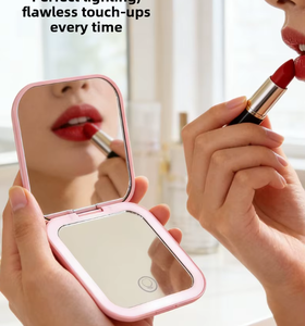 Square Led Portable Touch Screen Cute Makeup <strong>Mirror</strong> <strong>Vanity</strong> With Lights Pocket Make up Hand <strong>Mirror</strong> pink Solid Color Minimalism - Product Image 5