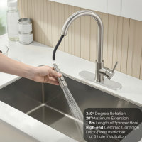 Robinet mélangeur de cuisine moderne en laiton massif finition chromée avec douchette extractible, cartouche céramique, rotation à 360 degrés, pour salle de bain d'hôtel