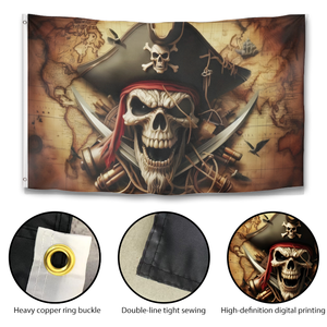 Bandiera Vintage Pirata Teschio 3x5ft con Sfondo Mappa Nautica, Striscione in Poliestere Bifacciale per Halloween e Feste - Product Image 5