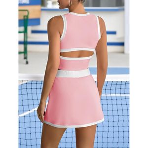 Ensemble de sport 2 pièces pour femme : débardeur sans manches et jupe taille haute, séchage rapide, pour le golf et l'entraînement, rose avec bordure blanche - Product Image 4