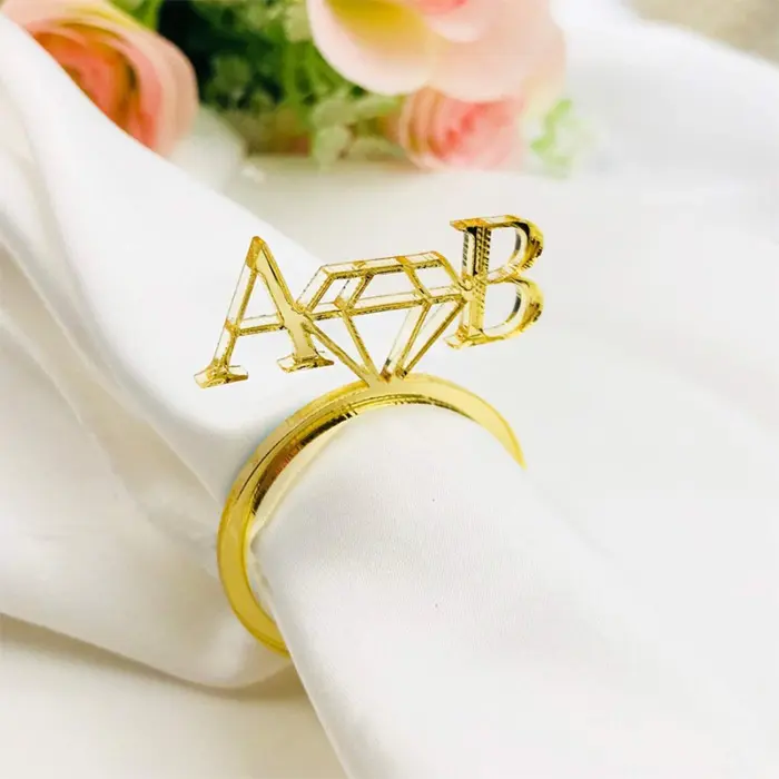 Personalized Mirror Gold Acrylic Diamond Napkin Ring Custom Laser Cut Acrylic Napkin Ring For Wedding