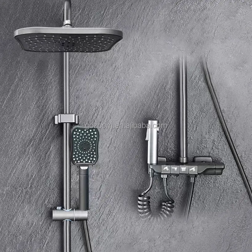 Gun Color 4 Functions Shower System 8 Inch Rain Shower Head Faucet Sets With Adjustable Slide Bar