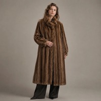 Manteau mi-long en fausse fourrure de vison 100 % polyester dégradé marron pour femme, col montant à volants, poignets bouffants, vêtement d'extérieur chaud et luxueux en fourrure