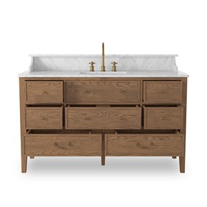 Mobile <span class=keywords><strong>Bagno</strong></span> Moderno di Lusso in Legno di Quercia con Lavabo Singolo e Top in Marmo per Arredamento di Alta Gamma - Product Image 2