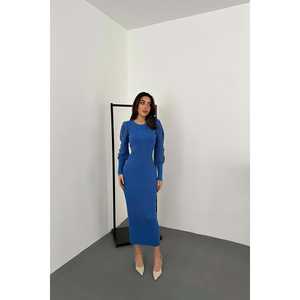 Robe en viscose tricotée bleue sans manches, style simple, pour femme de bureau, coupe trapèze, décontractée, longueur midi, taille naturelle, silhouette plissée - Product Image 4